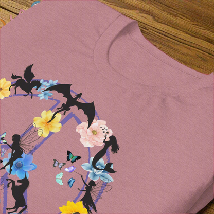 70s Vintage Peace Sign men's heather orchid T-Shirt Front View on wooden counter. Purple Peace sign filled in with dragons, mermaids, fairies, unicorns, pegasi, witches, flowers, and butterflies. 