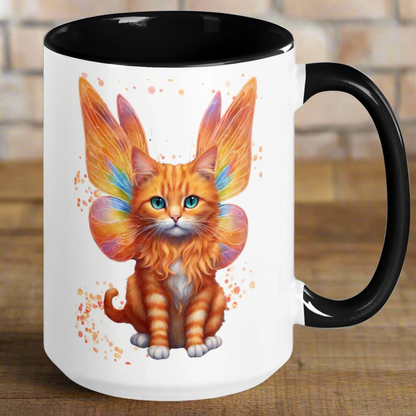 Ceramic Mug with black interior and handle turned to the right. Orange tabby striped Fairy Cat on both sides of Mug, Cat features orange wings with hints of blue and pink