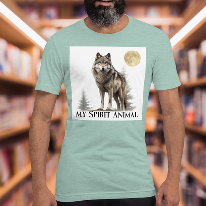 Heather Prism Dusty Blue Men's Wolf T-Shirt states My Spirit Animal. Front View. Wolf Shirt, My Spirit Animal Shirt, Men's Wolf Shirt, Men's Spirit Animal Shirt, Men's Wolf Gift, Mythical Accessories Emporium