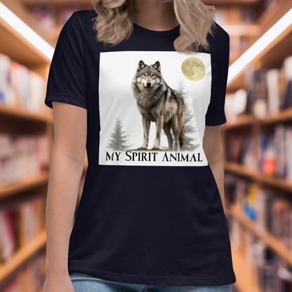 Women's Navy Wolf Shirt, My Spirit Animal Women's T-Shirt Front View, Spirit Animal Shirt, Wolf Shirt, Fantasy Shirt, Familiar Wolf Shirt, Mythical Accessories Emporium