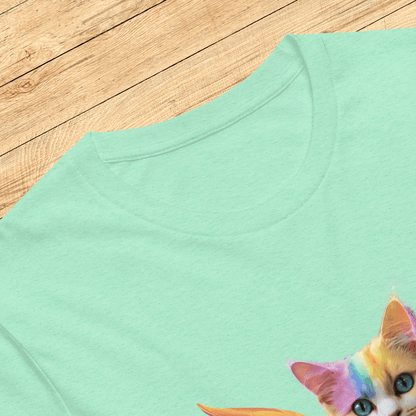 mint Front View Men's T-Shirt laying flat on a wooden surface, Rainbow Colored Tie Dye Cat with bright orange gold wings. Pop Art Cat, Fantasy Art, Fairycore Cat TShirt gifts for cat lover and cat dad shirt, whimsical fantasy magic rainbow fairy cat