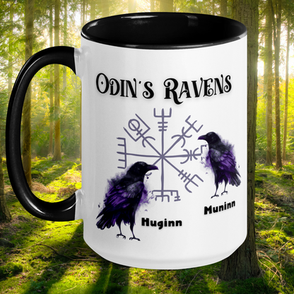 Odin's Ravens Mug, Viking Mug, Viking Gifts,Norse Pagan Gift, Norse Mythology Gift, White Ceramic Mug with black interior, rim, and handle. Odin&#39;s Ravens Huginn and Muninn in purple and black in front of viking symbol vegvisir. Mythical Accessories Emporium