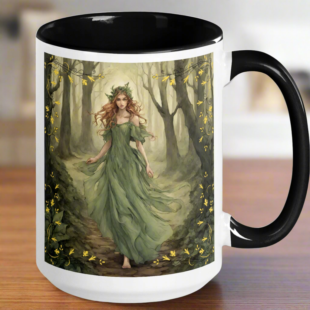 white ceramic mug, black interior and handle, Fae walking barefoot through the forest in a green flowing dress, red brown cascading  hair with a wreath of leaves in her hair. handle to the right