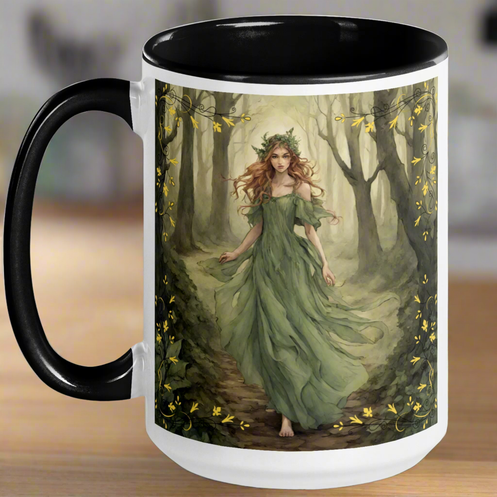 white ceramic mug, black interior and handle, Fae walking barefoot through the forest in a green flowing dress, red brown cascading  hair with a wreath of leaves in her hair. handle to the left