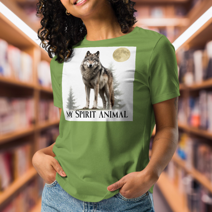 Women's Leaf Green Wolf Shirt, My Spirit Animal Women's T-Shirt Front View, Spirit Animal Shirt, Wolf Shirt, Fantasy Shirt, Familiar Wolf Shirt, Mythical Accessories Emporium