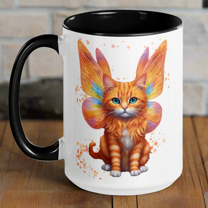 Ceramic Mug with black interior and handle. Orange tabby striped Fairy Cat on both sides of Mug, Cat features orange wings with hints of blue and pink