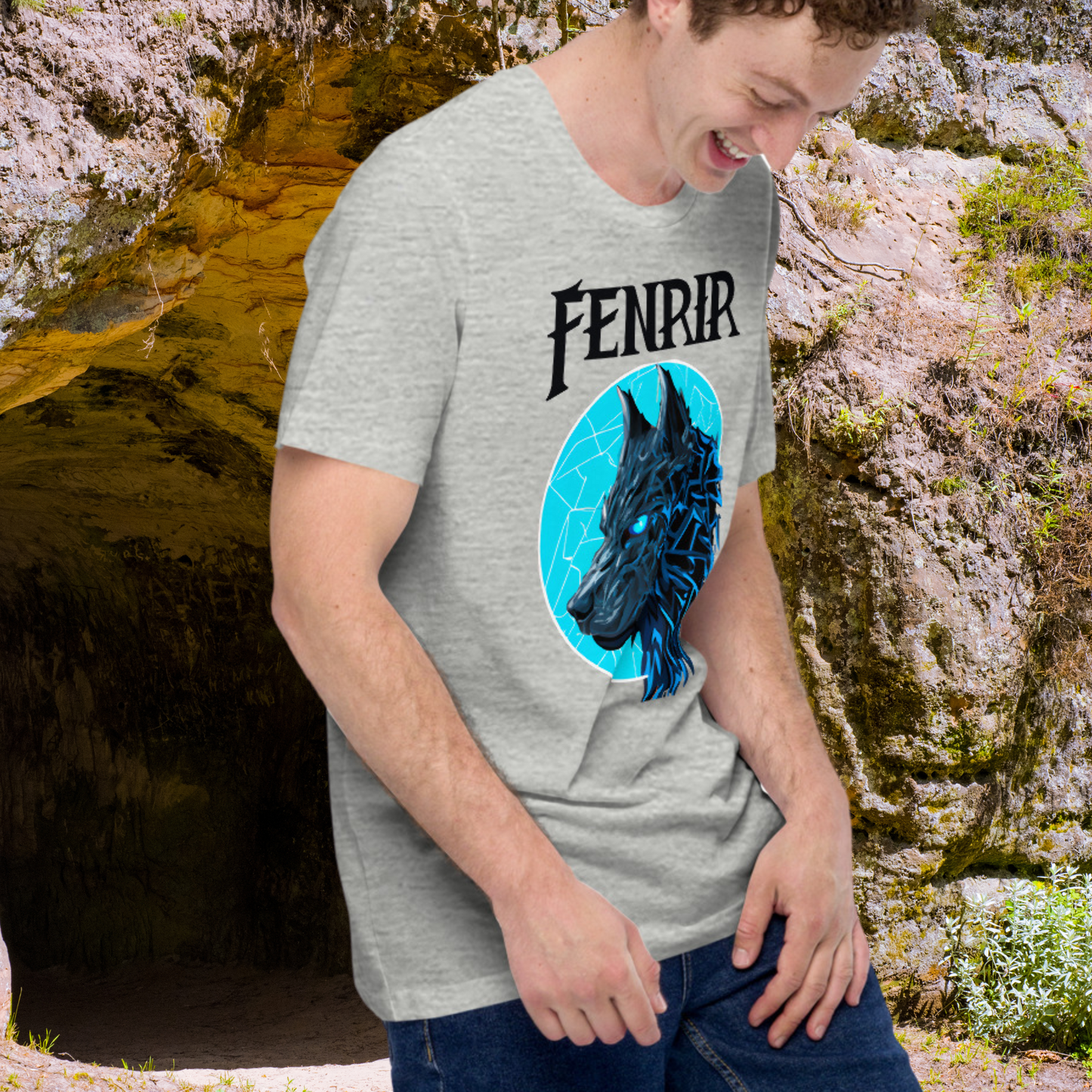 Viking Shirt, Fenrir Shirt, Wolf Shirt, Mythology Gift, Viking Gift, Grey Athletic Heather mens t-shirt, right side view, Fenrir in blue with glowing eyes. Mythical Accessories Emporium