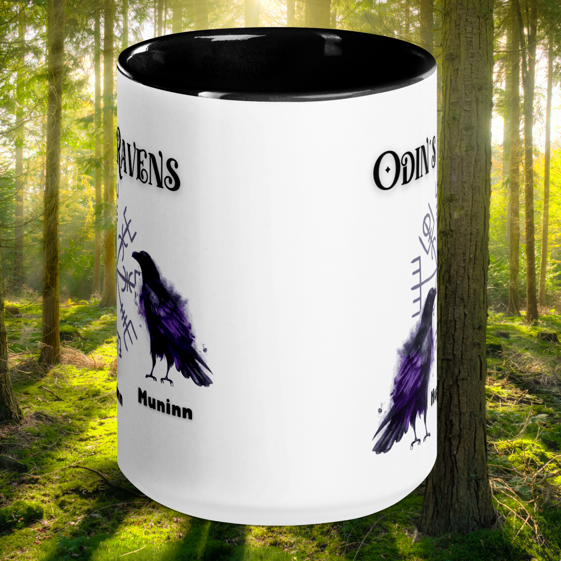 Odin's Ravens Mug, Viking Mug, Viking Gifts,Norse Pagan Gift, Norse Mythology Gift, White Ceramic Mug with black interior, rim, and handle. Odin's Ravens Huginn and Muninn in purple and black in front of viking symbol vegvisir. Mythical Accessories Emporium