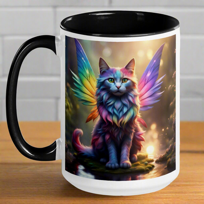 Rainbow Cat Fairy Ceramic Mug with black  interior and handle. Image on both side of mug. 