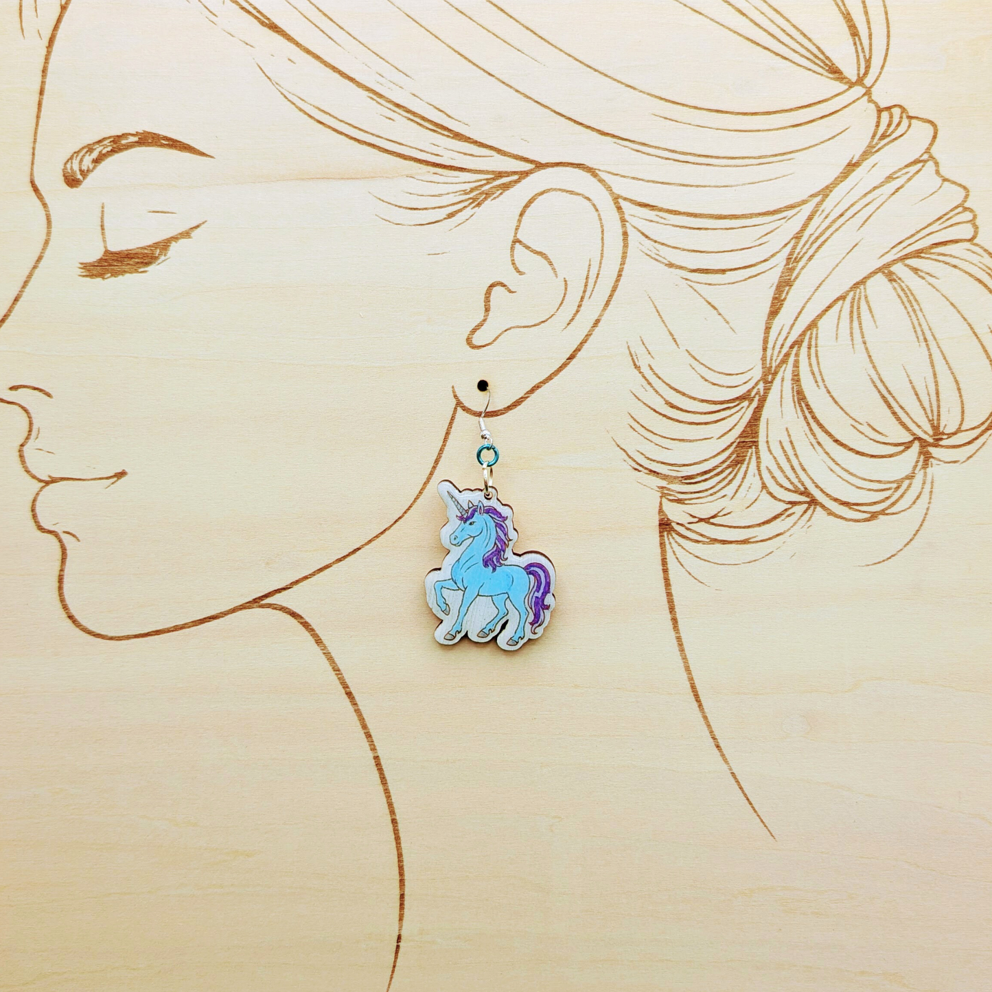 Blue Unicorn Earrings, Handmade Wood Jewelry