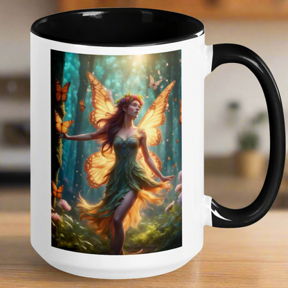 Spring Fae Mug, Fairy Mug, Fantasy Mug. White Ceramic Mug with black Dark Green handle, interior, and rim, left side view. Fae with butterfly wings. Fairy Coffee Cup, Fantasy Reader Gift, Mythical Accessories Emporium.