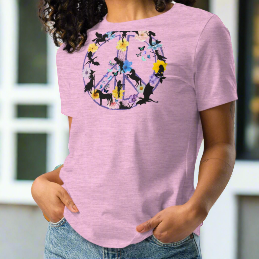 70s Vintage Peace Sign Women's heather prism lilac T-Shirt Front View. Purple Peace sign filled in with dragons, mermaids, fairies, unicorns, pegasi, witches, flowers, and butterflies. 