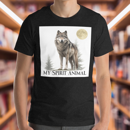 Black Heather Men's Wolf T-Shirt states My Spirit Animal. Front View. Wolf Shirt, My Spirit Animal Shirt, Men's Wolf Shirt, Men's Spirit Animal Shirt, Men's Wolf Gift, Mythical Accessories Emporium