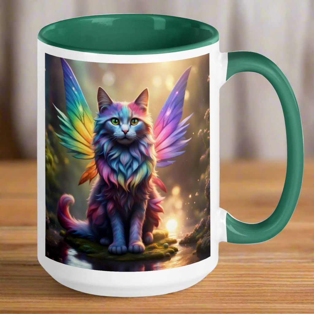 Rainbow Cat Fairy Ceramic Mug with green interior and handle to the right. Image on both side of mug. 