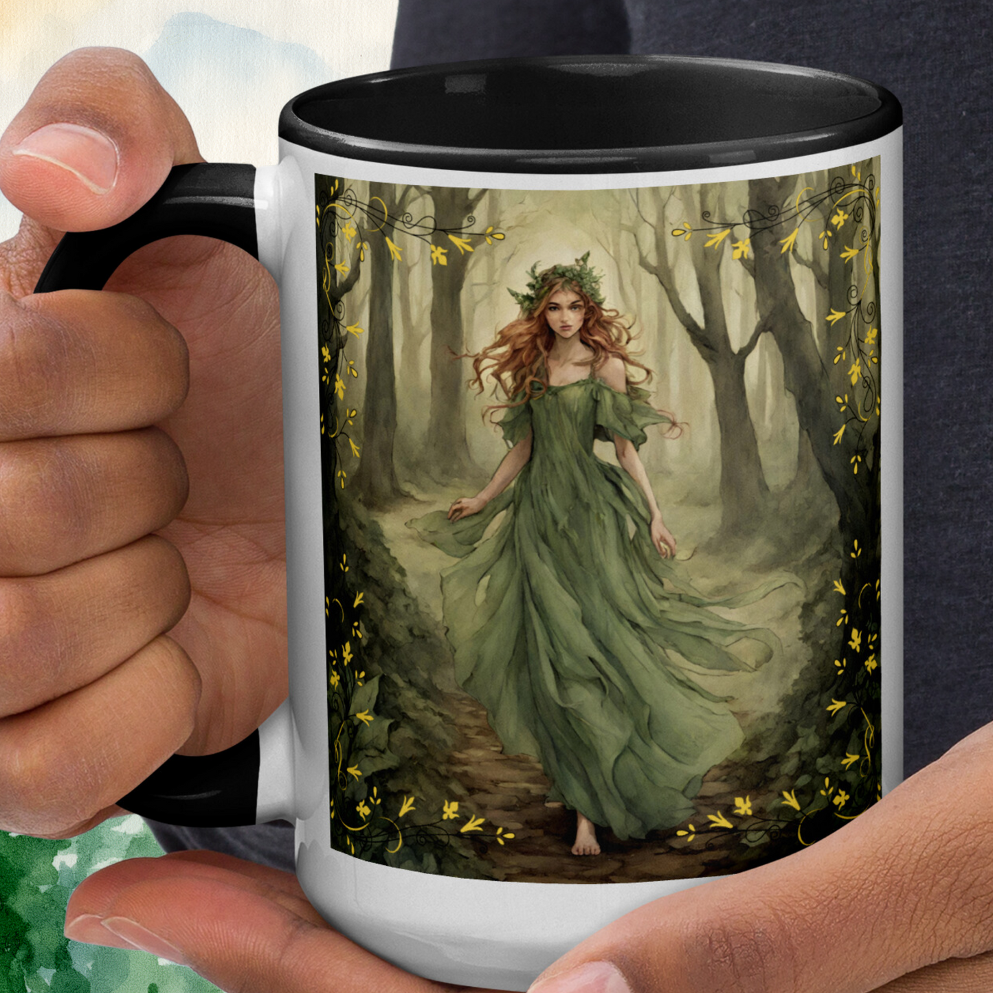 white ceramic mug, black interior and handle, Fae walking barefoot through the forest in a green flowing dress, red brown cascading  hair with a wreath of leaves in her hair. handle to the left in models hand