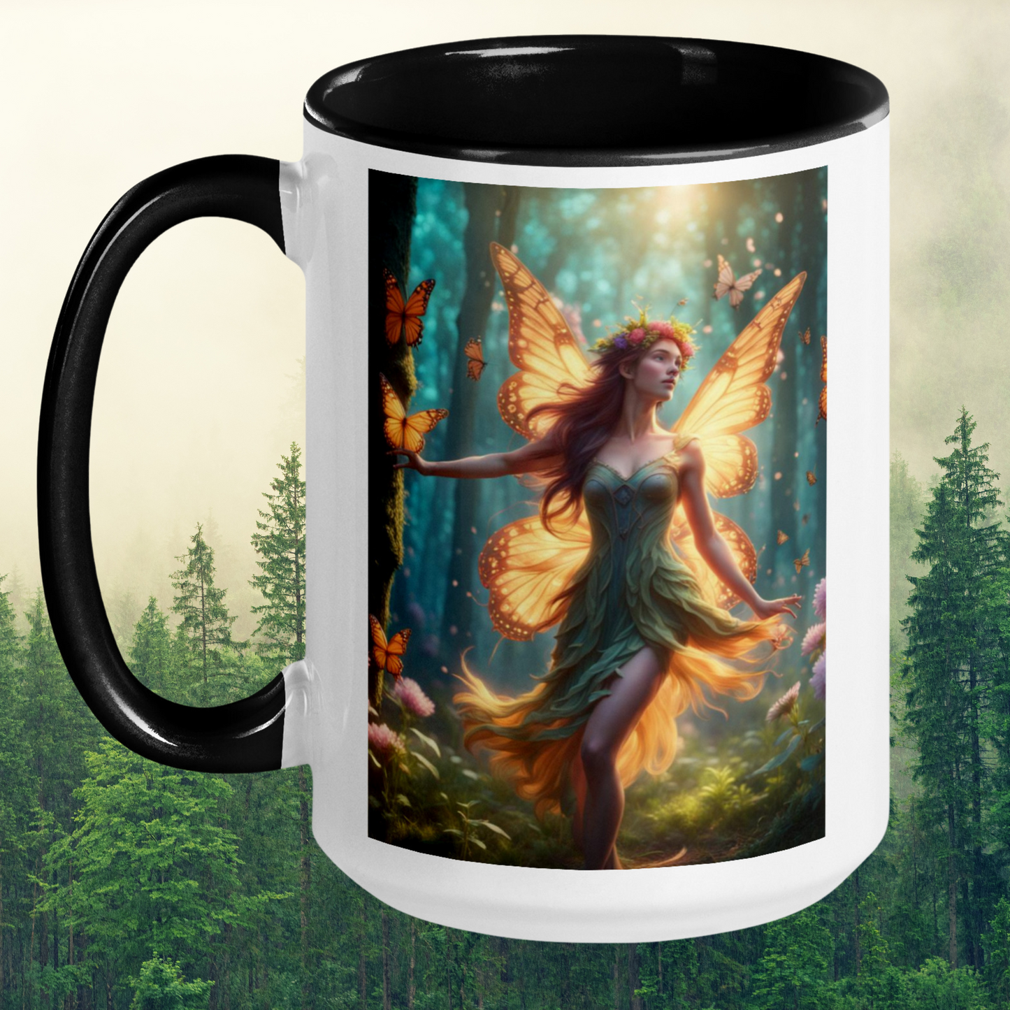 Spring Fae Mug, Fairy Mug, Fantasy Mug. White Ceramic Mug with Black handle, interior, and rim. Fae with butterfly wings. Fairy Coffee Cup, Fantasy Reader Gift, Mythical Accessories Emporium.