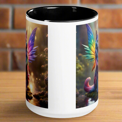 Rainbow Cat Fairy Ceramic Mug with black interior and handle, seen from the opposite side from the handle. Image on both side of mug. 