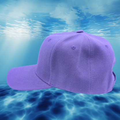 Left View purple Hat. Laser Engraved Leather Patch Text Kraken curved above the image of a Kraken. Kraken Viking Hat 