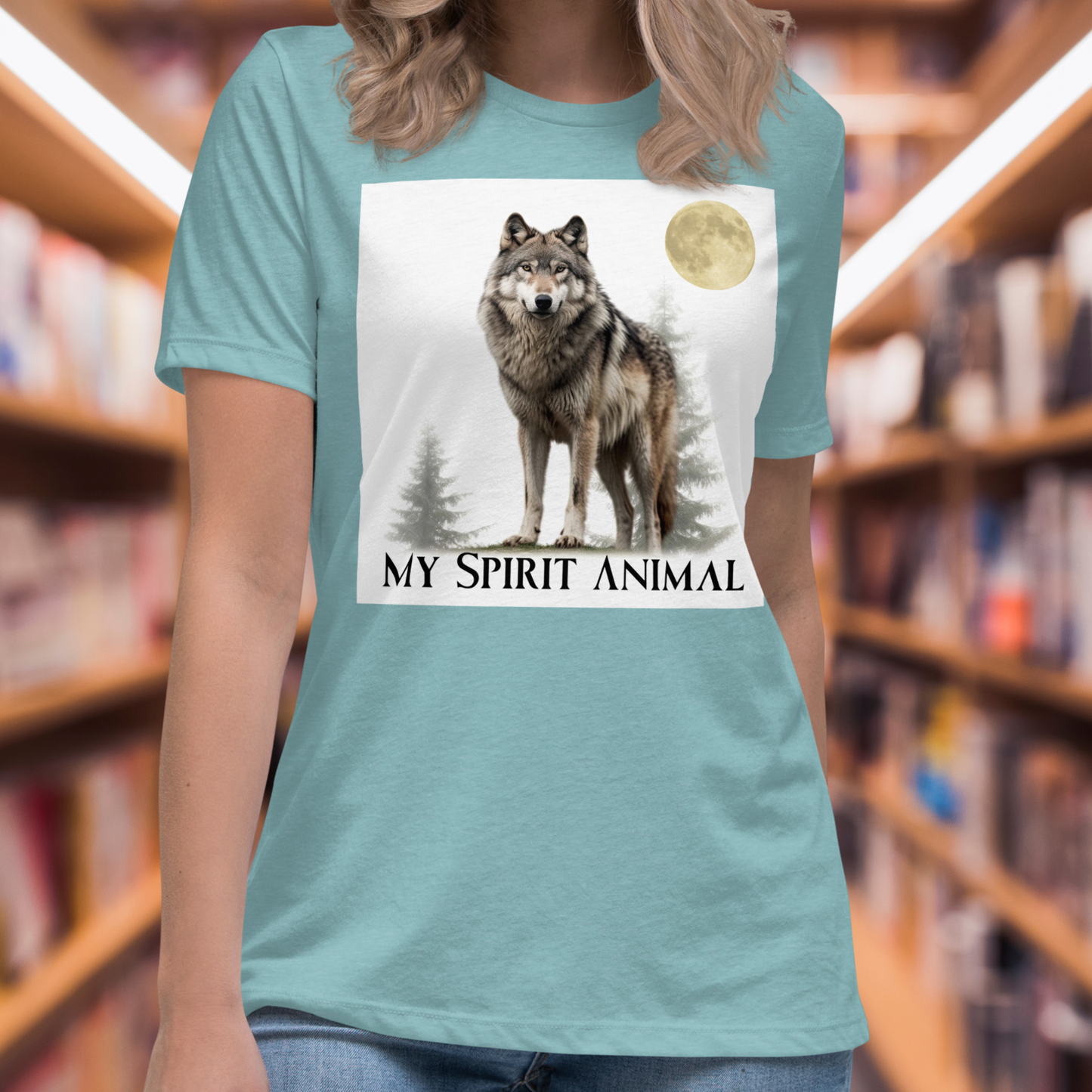 Women's Heather Blue Lagoon Wolf Shirt, My Spirit Animal Women's T-Shirt Front View, Spirit Animal Shirt, Wolf Shirt, Fantasy Shirt, Familiar Wolf Shirt, Mythical Accessories Emporium