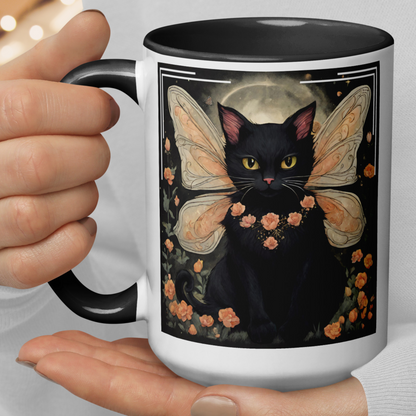 Left Side of white ceramic mug with black handle, interior, and rim. Black fairy surrounded by peach roses. Black cat is in front of a night sky. Full moon shows between the black cats wings. Mug is being held by the handle.