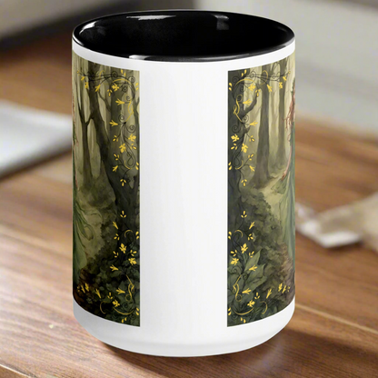 white ceramic mug, black interior and handle, Fae walking barefoot through the forest in a green flowing dress, red brown cascading  hair with a wreath of leaves in her hair. handle to the back