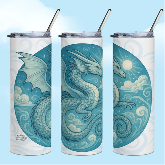 Elemental Air Dragon White Stainless Steel Tumbler. View of three tumblers left, front, and right side. Blue Grey Dragon flying in a sun lit sky amongst clouds. Behind the circle graphic are air drifts in light blue grey. Edges of BPA free plastic lid visible on tumbler and metal straw. Fantasy Gift for Book Lovers