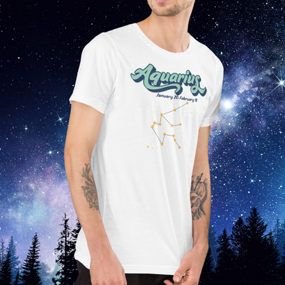 Men's front right view Aquarius T-shirt in white. Light blue Aquarius script outlined in deeper blue for a 3-D shadow effect. Below this is January 20- February 18. At the bottom is the Aquarius zodiac constellation with orange yellow stars connected by a black line surrounded by lighter yellow stars. Astrology Zodiac Aquarius Birthday gift for January or February.