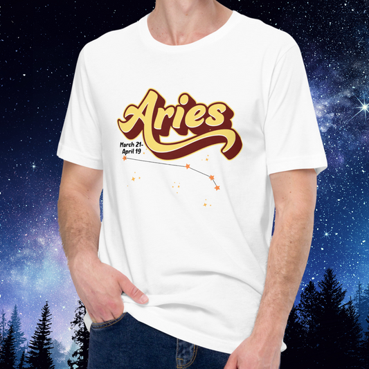 Aries front view of a white men's astrology t-shirt. At the top the word Aries in light yellow with a maroon shadow for a 3-D effect. Under the A in Aries are the dates March 21-April 19. Below this is the constellation Aries in yellow orange stars connected with a black line surrounded by light yellow stars. The perfect March or April Birthday present for him.