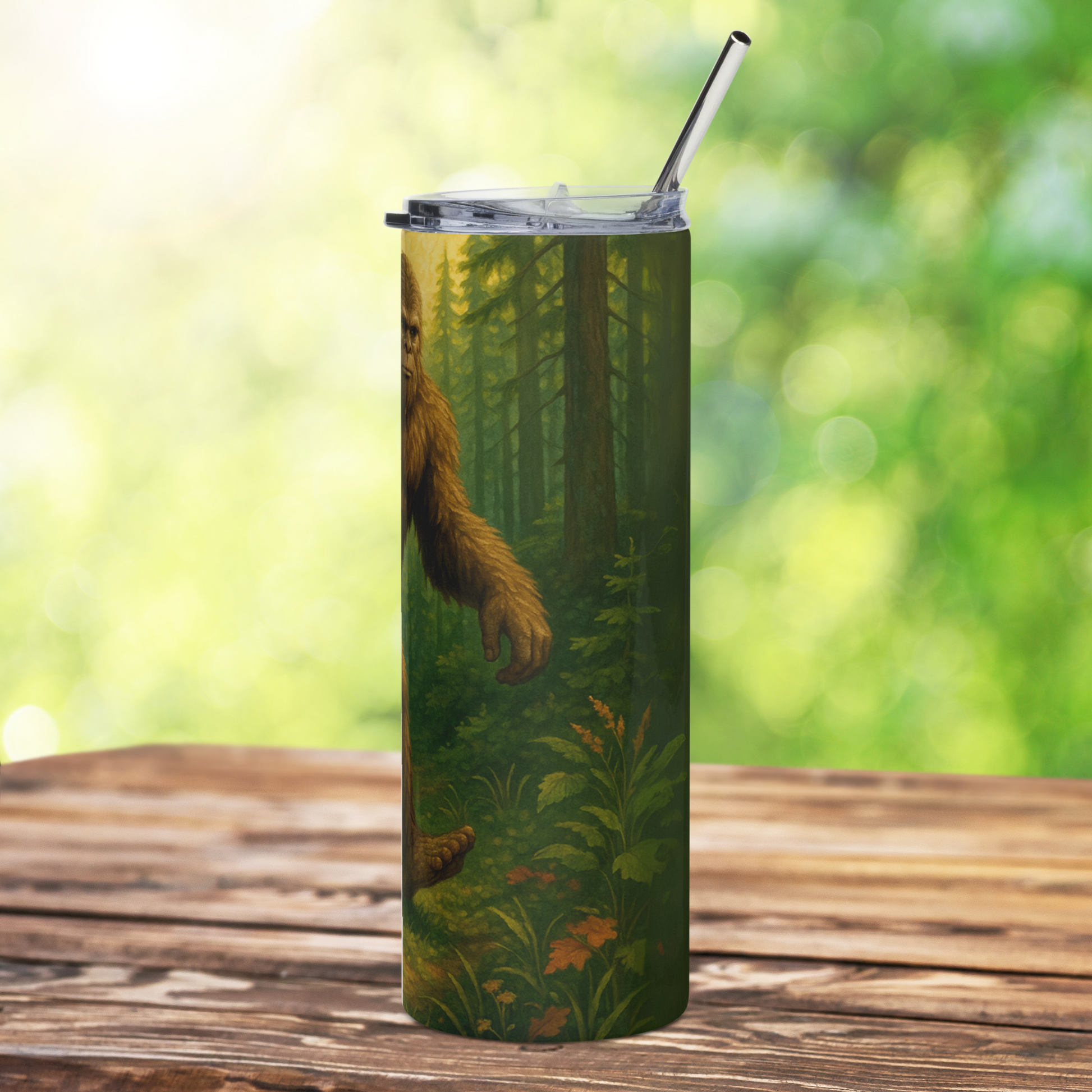 Bigfoot 20 oz stainless steel skinny tumbler with bpa free plastic lid and metal straw. This is the right side. You can see part of big foot's face, arm swinging to the front, and his foot. Background is old growth pine forest. Big Foot gifts