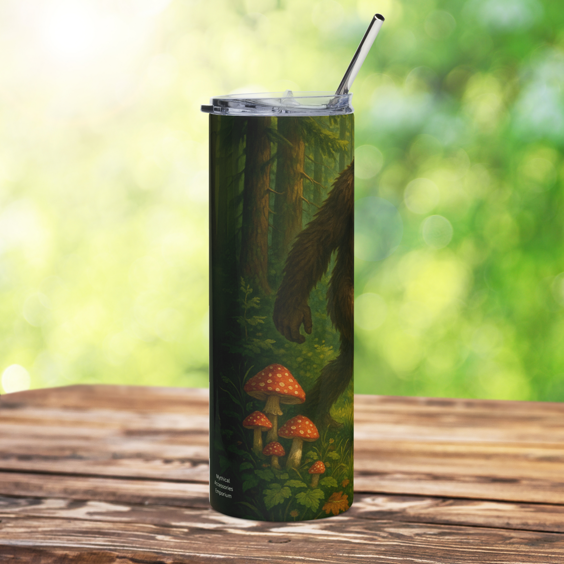 BigFoot Stainless Steel Tumbler right side view. You can see the right arm of big foot and a back leg, old growth forest towering in the background in greens and browns. To the front of the image is a cluster of red capped mushrooms. Sasquatch Camping gifts