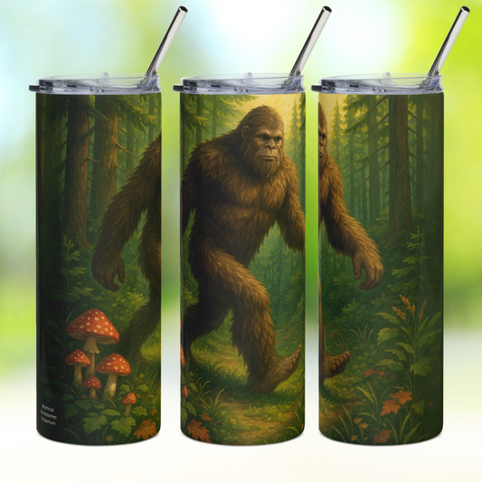 Stainless Steel Tumbler with metal straw sticking out of the top. In this photo you can see the left side, the front, and the right side. The left side shows the right arm of the bigfoot, old growth forest, and orange mushrooms to the side. The front view is big foot striding through the forest. The right side shows the right arm and old growth forest. Sasquatch Fantasy Camping Gifts