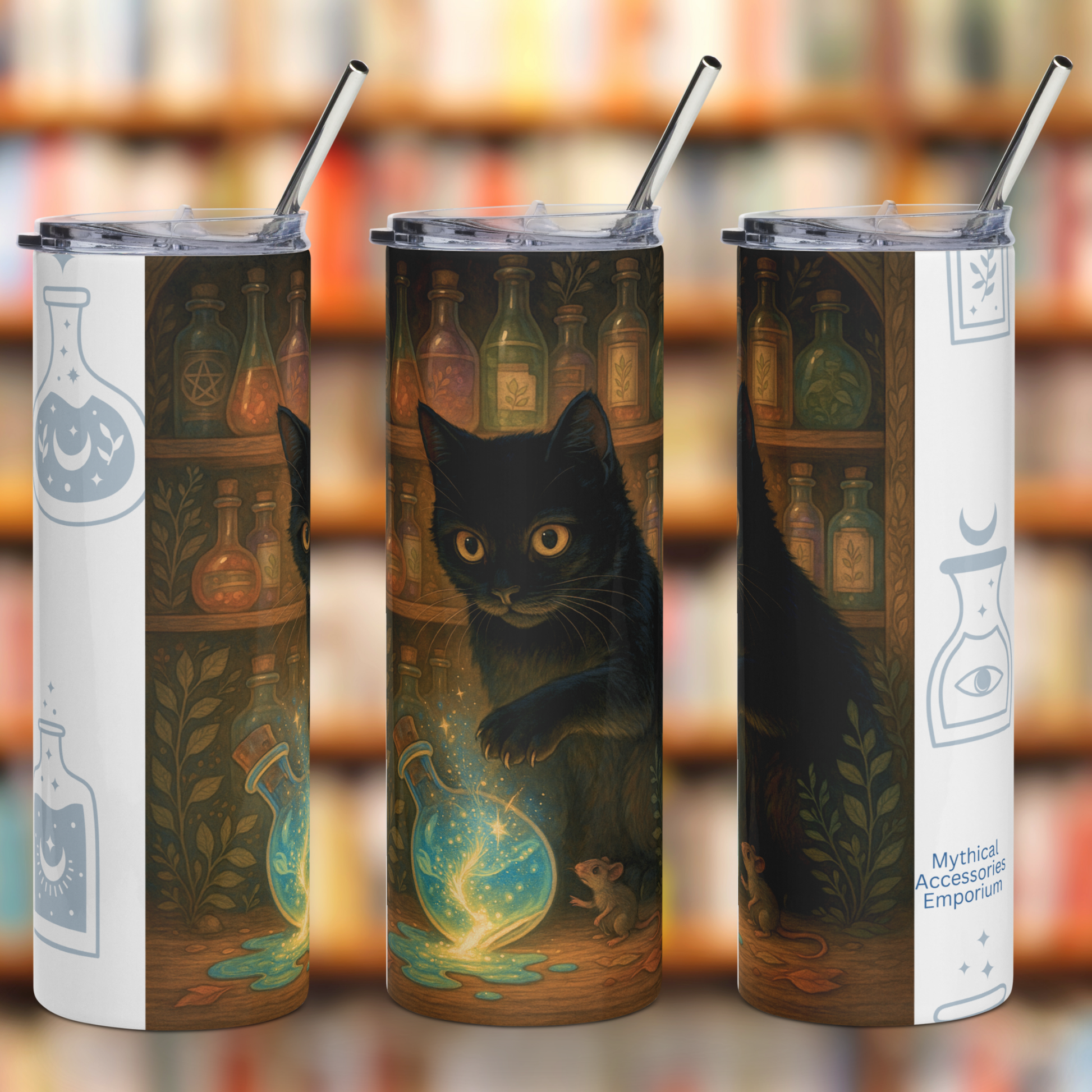 Potion Bottle Black Cat 20 oz Stainless Steel Skinny Tumbler, Black Cat with Amber Eyes spills a glowing blue potion bottle while his mouse friend looks on. Behind the two are shelves of potion bottles. You can see the left side, the front, and the right side of the tumbler.  Cat Themed Witchy Gifts