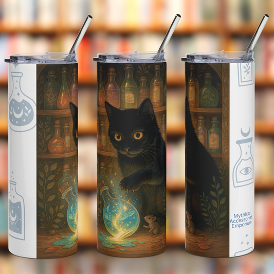 Potion Bottle Black Cat 20 oz Stainless Steel Skinny Tumbler, Black Cat with Amber Eyes spills a glowing blue potion bottle while his mouse friend looks on. Behind the two are shelves of potion bottles. You can see the left side, the front, and the right side of the tumbler.  Cat Themed Witchy Gifts