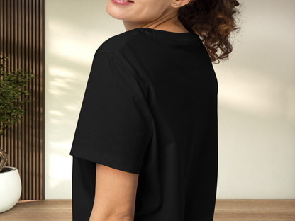 Model wearing a black t-shirt left side view close up to should and sleeve.