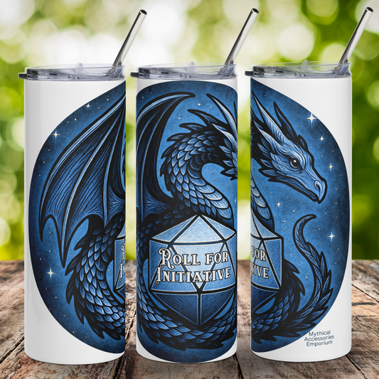 Blue Dragon D20 Collage of the left, front, and right side view to see the full graphic. Graphic is a blue circle of a starry night sky with a dragon facing to the right wings stretched up and tail wrapped around a blue D20. Inside the D20 in white text "Roll for Initiative". Gift for DM TTRPG Gamers
