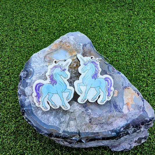 Blue Unicorn Earrings, Handmade Wood Jewelry
