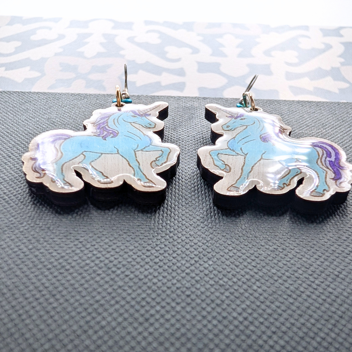 Blue Unicorn Earrings, Handmade Wood Jewelry