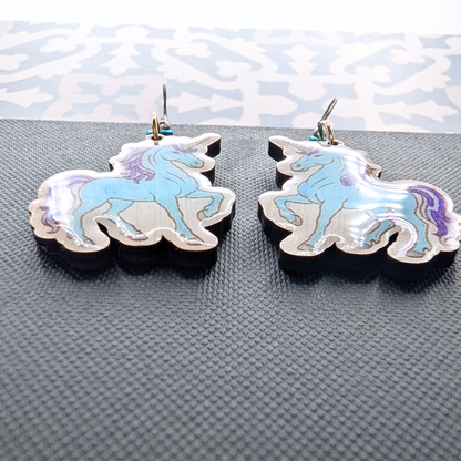 Blue Unicorn Earrings, Handmade Wood Jewelry