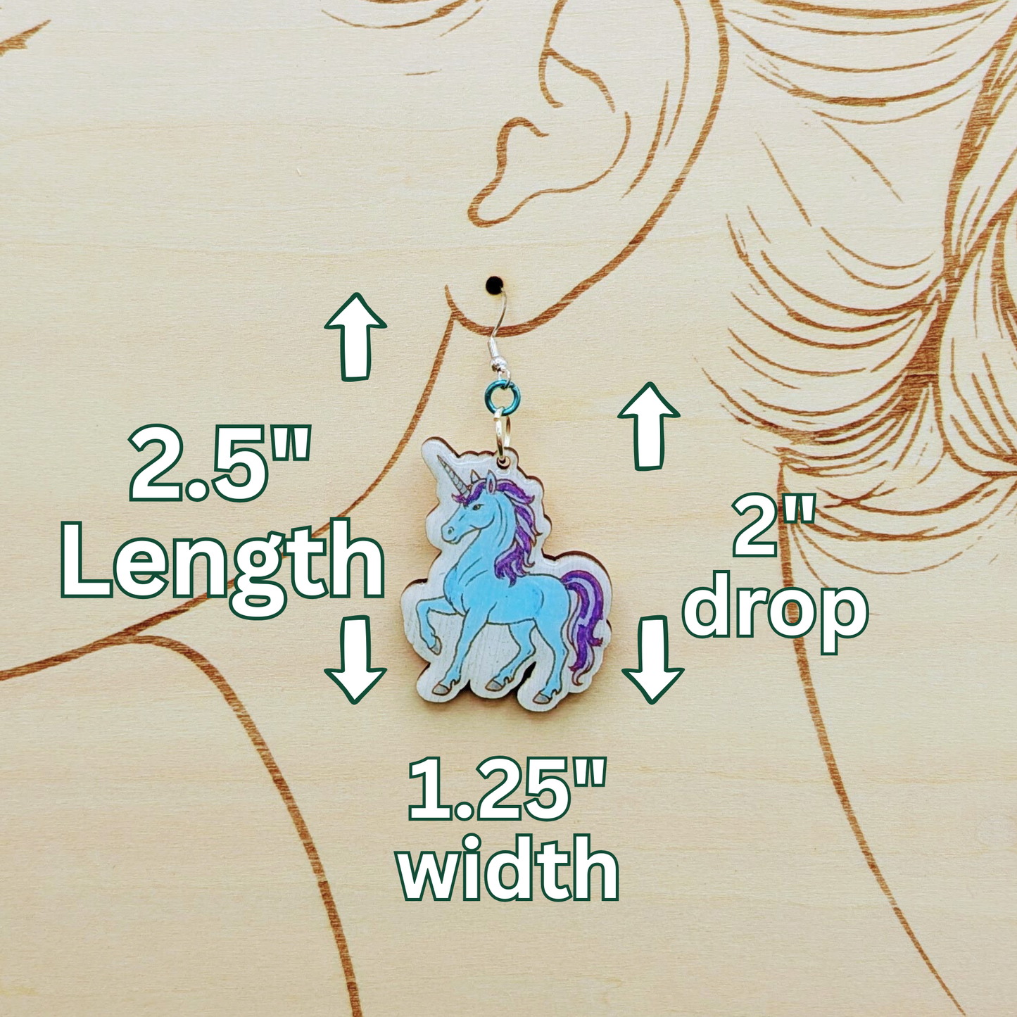 Blue Unicorn Earrings, Handmade Wood Jewelry