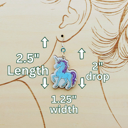 Blue Unicorn Earrings, Handmade Wood Jewelry