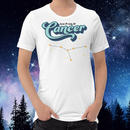 Front view of model wearing white men's Cancer Tee. This astrology Cancer T-Shirt has the word Cancer in large light blue script shadowed in deep blue for a 3-D effect. Above this it Says June 21-July 22. Under Cancer is the zodiac star constellation with yellow stars connected by a black line and lighter yellow smaller stars surrounding this. The perfect June or July Birthday Gift for him or yourself.
