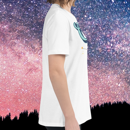 Right side view of model wearing white women's Cancer Tee. This side view of the astrology Cancer T-Shirt shows the side seam, the shoulder, the crew neckline, the sleeve coming to mid upper arm, and the hem ending right below the hip on the model. The perfect June or July Birthday Gift for Her or yourself