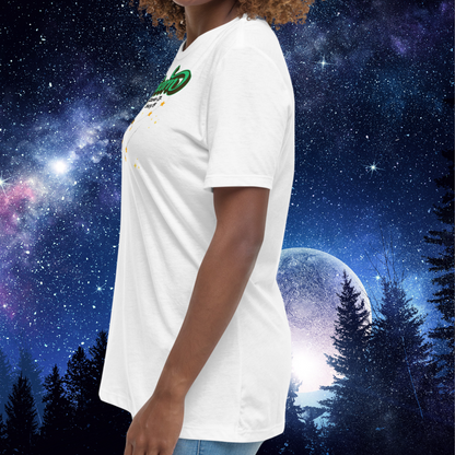 Left side view of model wearing white women's Capricorn Tee. This astrology T-Shirt shows the side seam the short sleeves that end mid upper arm and the hem that falls below the model's hips. The perfect December or January Birthday Gift for Her or yourself.