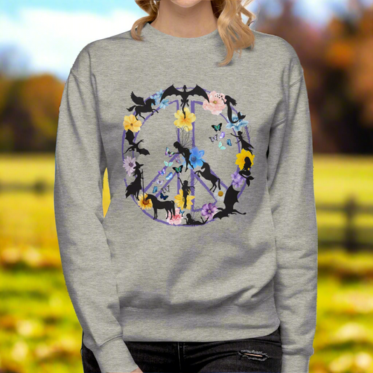 Womens Carbon Grey Fantasy Peace Sign Women's Sweatshirt. Purple Peace Sign Outline filled with fantasy creatures dragons, mermaids, fairies, pegasus, a witch, butterflies, and flowers. 