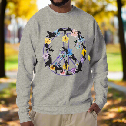 Men's Front View Carbon Grey Fantasy Peace Sign men's Sweatshirt. Purple Peace Sign Outline filled with fantasy creatures dragons, mermaids, fairies, pegasus, a witch, butterflies, and flowers. 