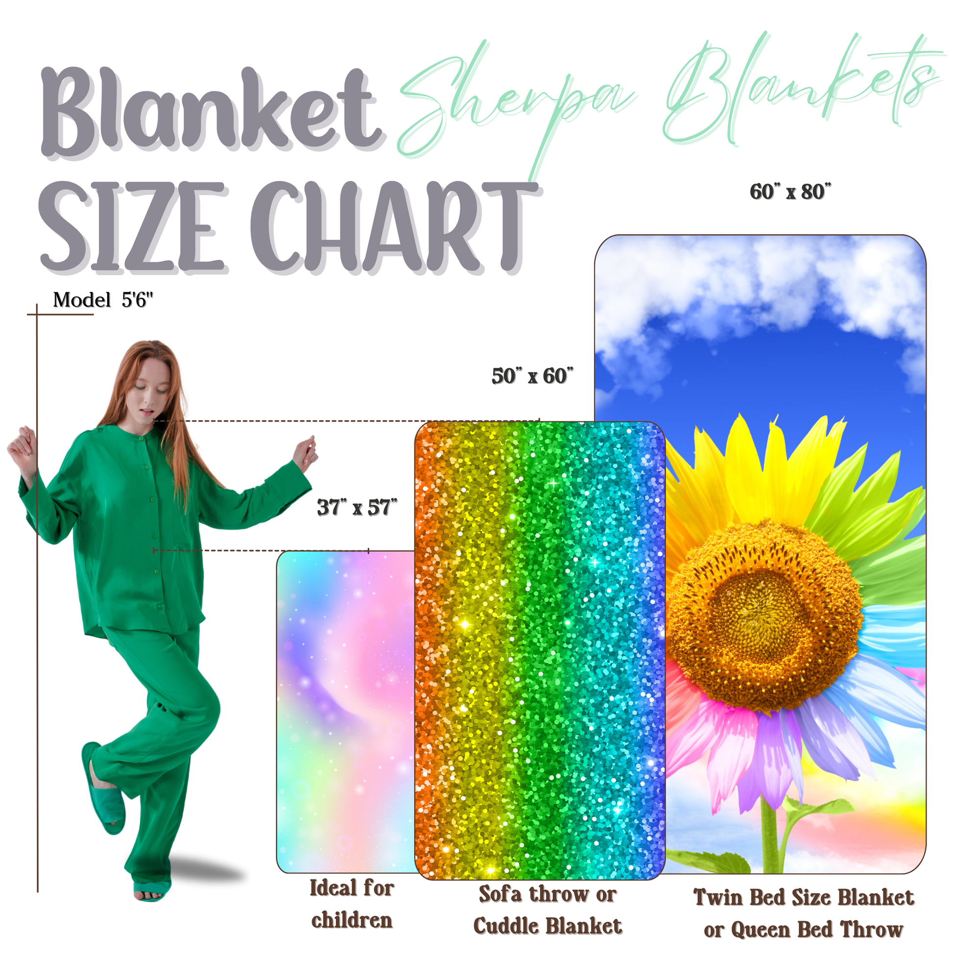 Blanket size chart comparison graphic. 37x57 ideal for children or travel, 50x60 sofa throw or as a picnic blanket, 60x80 twin size blanket or queen bed throw blanket.