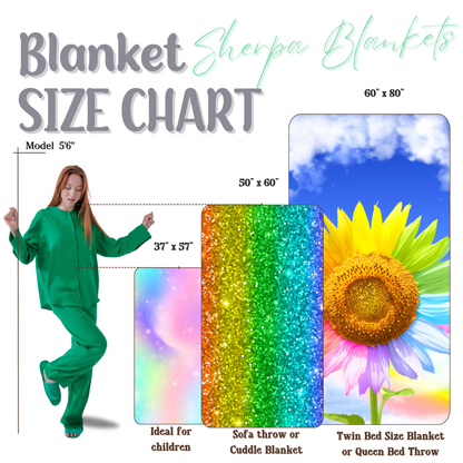 Blanket size chart comparison graphic. 37x57 ideal for children or travel, 50x60 sofa throw or as a picnic blanket, 60x80 twin size blanket or queen bed throw blanket.
