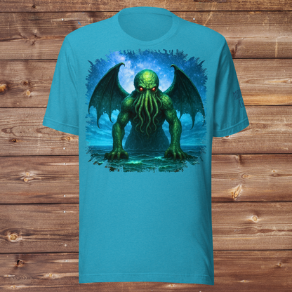 Cthulhu Men's Heather Aqua Front View Flat T Shirt. Cthulhu Men's T-Shirt Front View on Model. Graphic upper half of shirt with night sky background. Cthulhu is emerging from the ocean. Wings spread from his back across the sky as he leans forward with tentacles hanging from his face toward the surface. He glows in green with radiant red eyes. 