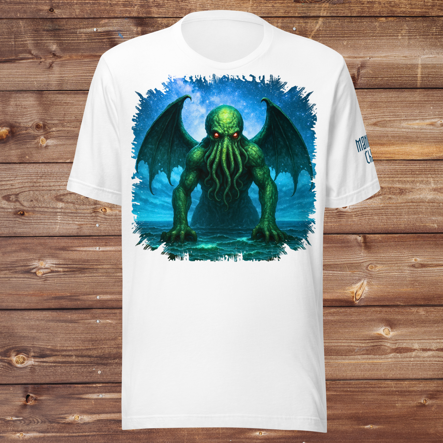 Cthulhu Men's T Shirt Front Flat View White Graphic Tee. Cthulhu Men's T-Shirt Front View on Model. Graphic upper half of shirt with night sky background. Cthulhu is emerging from the ocean. Wings spread from his back across the sky as he leans forward with tentacles hanging from his face toward the surface. He glows in green with radiant red eyes. 