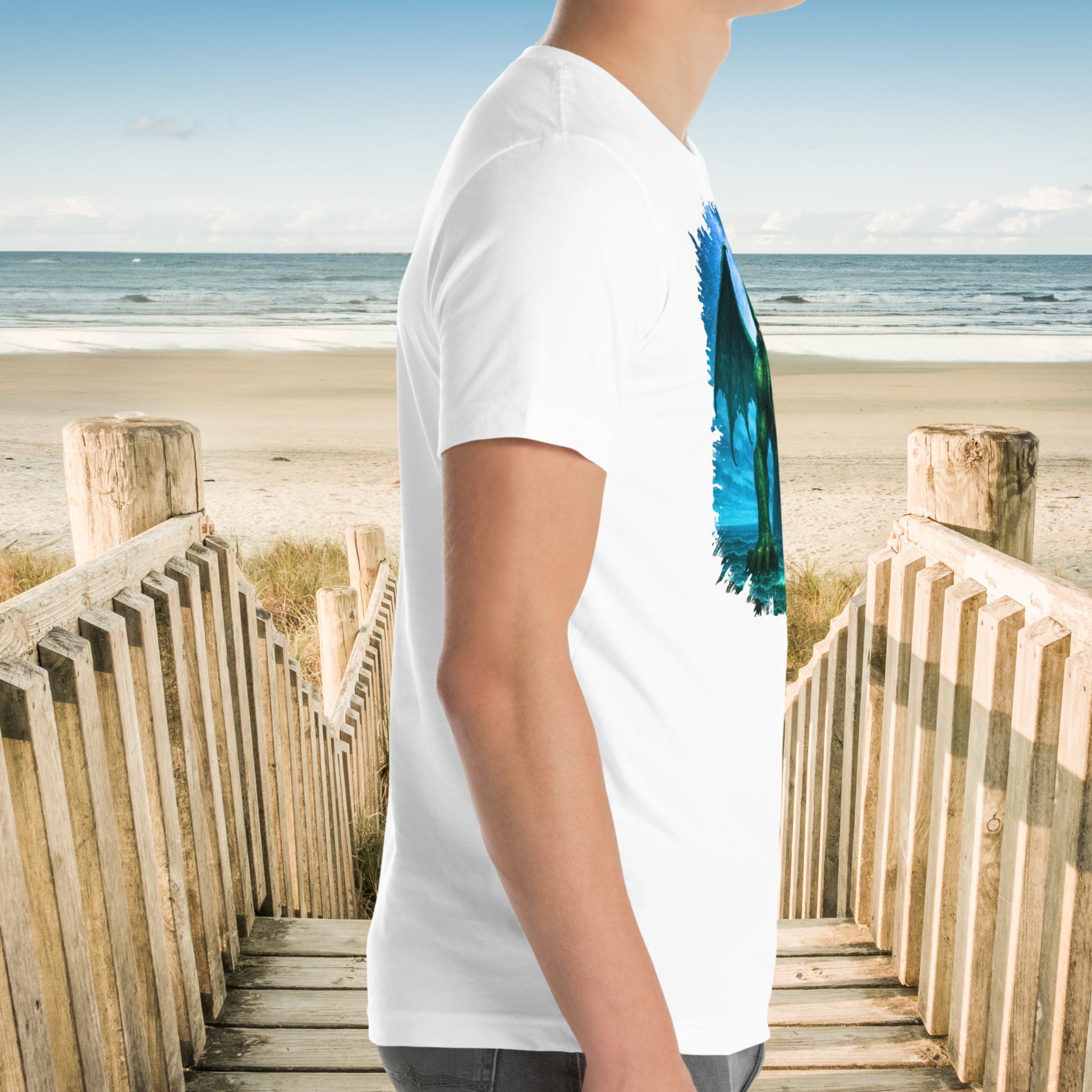Cthulhu Men's Graphic White Shirt right side view on model. The Right side of the graphic can be seen. 